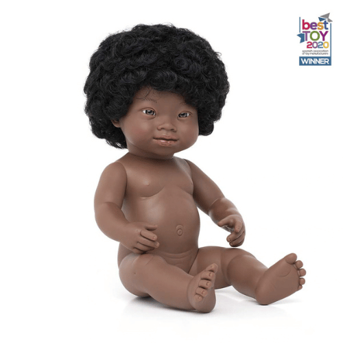 Miniland Doll - Anatomically Correct Baby African Girl with Down syndrome, 38 cm (UNDRESSED)