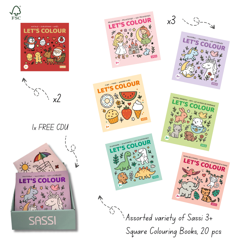 Sassi Colouring Book Square Bundle, 20 pcs and FREE CDU