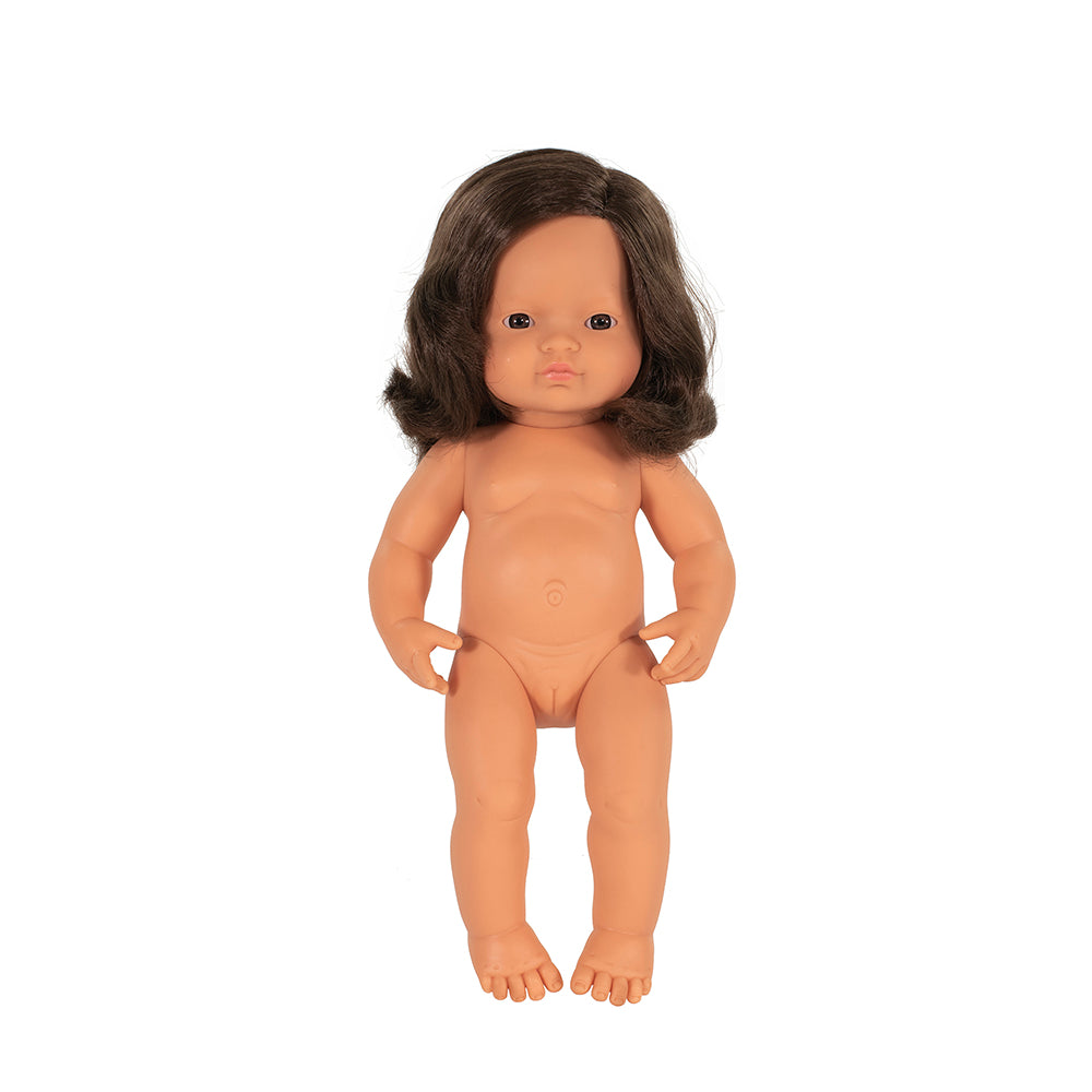 Miniland Doll Anatomically Correct Naked Baby Brunette Girl, 38 cm