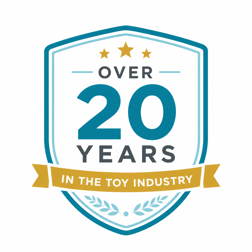 Logo celebrating over 20 years in the toy industry with stars and a banner.