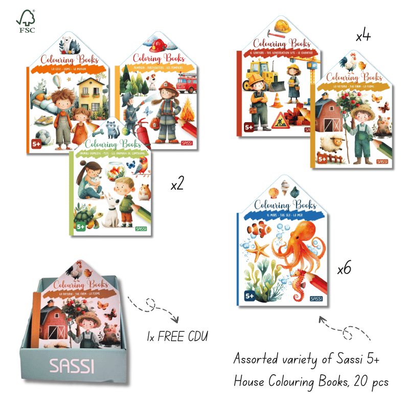 Sassi Colouring Book House Pack, 20 pcs and FREE CDU