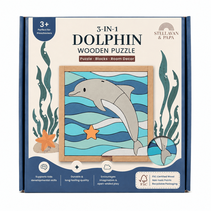Stellavan & Papa - 3-in-1 Small Block Puzzle, Dolphin