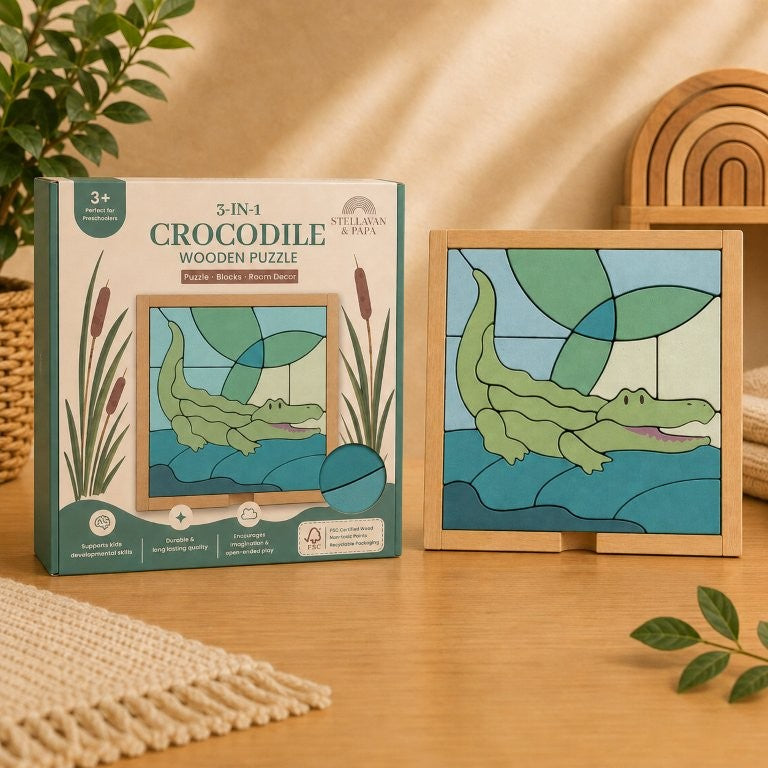 Stellavan & Papa - 3-in-1 Small Block Puzzle, Crocodile