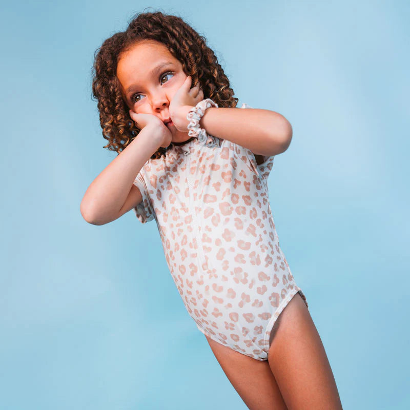 Swim Essentials Girls UV Short Sleeved Swimsuit Rashguard, Beige Leopard