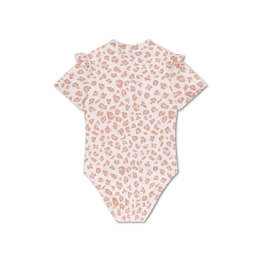 Swim Essentials Girls UV Short Sleeved Swimsuit Rashguard, Beige Leopard