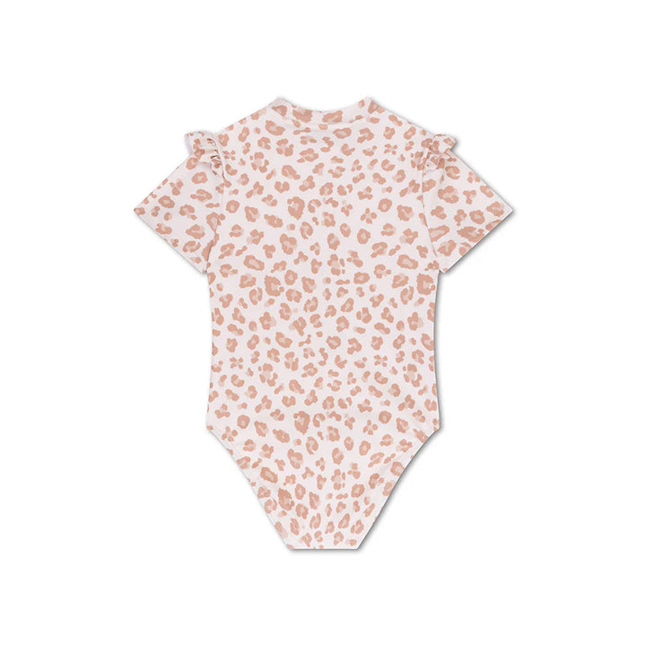 Swim Essentials Girls UV Short Sleeved Swimsuit Rashguard, Beige Leopard