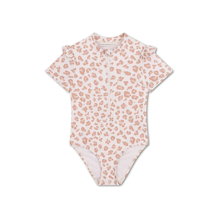 Swim Essentials Girls UV Short Sleeved Swimsuit Rashguard, Beige Leopard