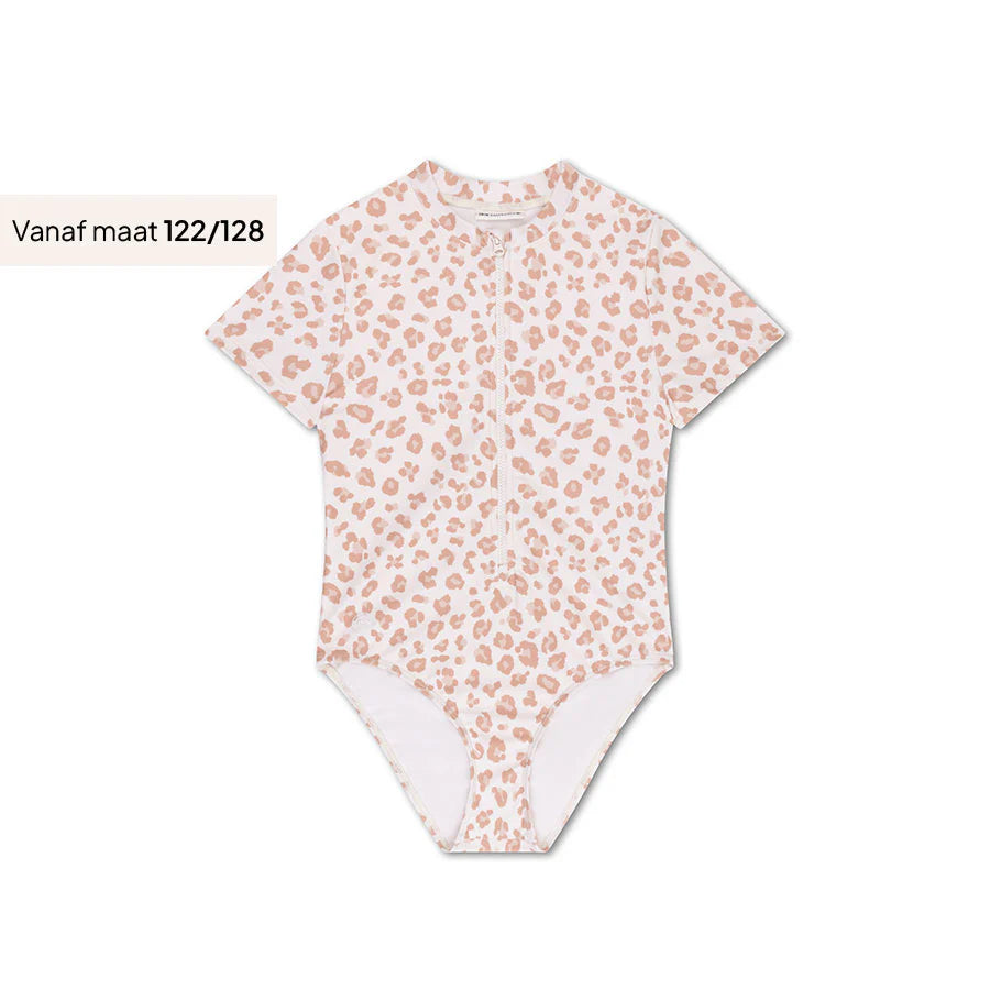 Swim Essentials Girls UV Short Sleeved Swimsuit Rashguard, Beige Leopard
