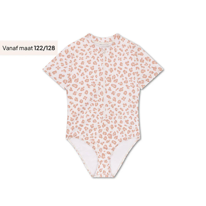 Swim Essentials Girls UV Short Sleeved Swimsuit Rashguard, Beige Leopard