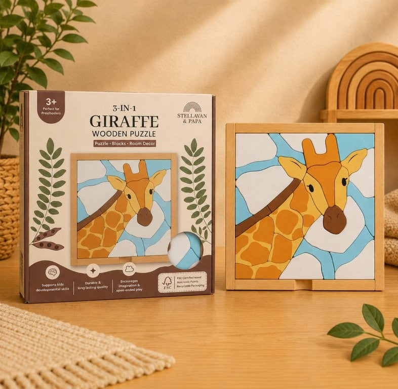 Stellavan & Papa - 3-in-1 Small Block Puzzle, Giraffe