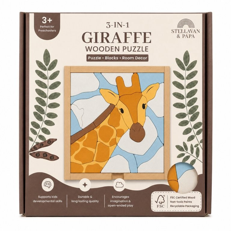Stellavan & Papa - 3-in-1 Small Block Puzzle, Giraffe