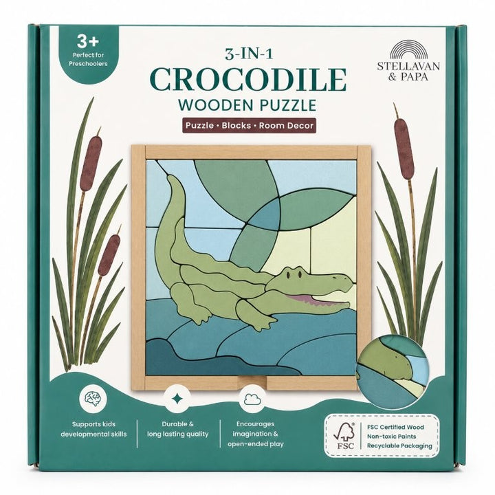 Stellavan & Papa - 3-in-1 Small Block Puzzle, Crocodile
