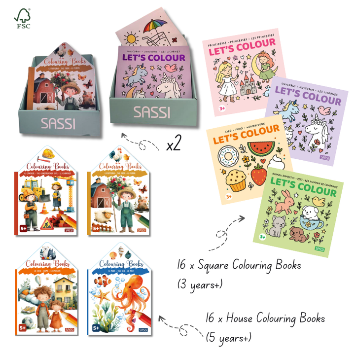 Sassi Colouring Book Square Pack, 20 pcs and FREE CDU