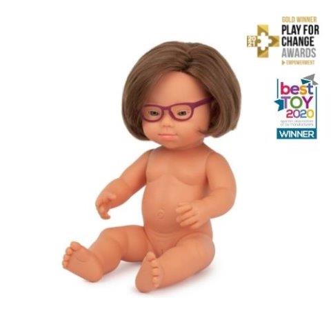 Miniland Doll - Anatomically Correct Baby Caucasian Girl with Down syndrome, 38 cm with Glasses  (UNDRESSED)